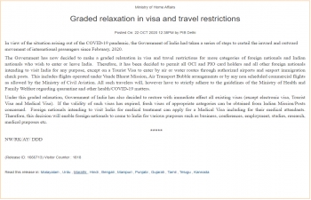 Graded relaxation in visa and travel restrictions (As on Octobre 22nd)