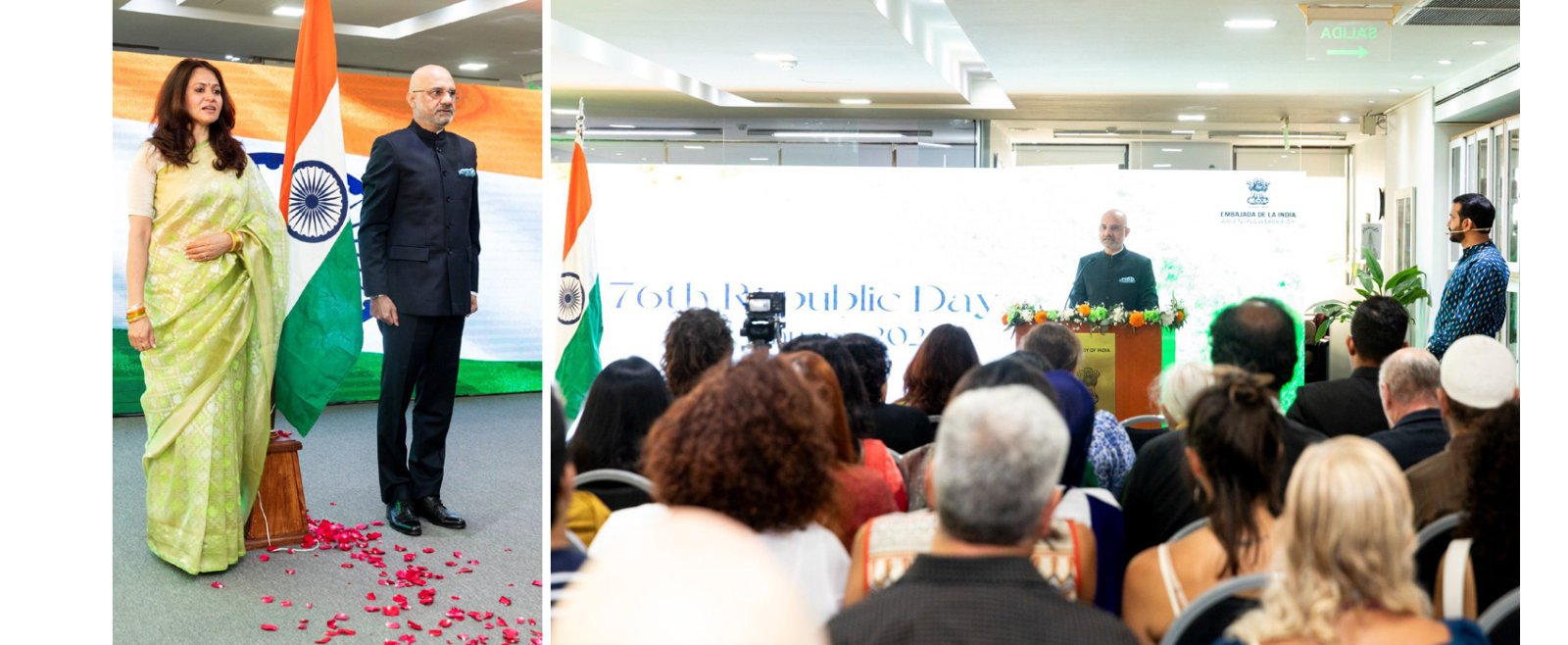 Ambassador Dinesh Bhatia and Mrs Seema Bhatia unfurled the Tricolour and read the Hon'ble President's message on  the occasion of celebration of 76th Republic Day on 26 January 2025.