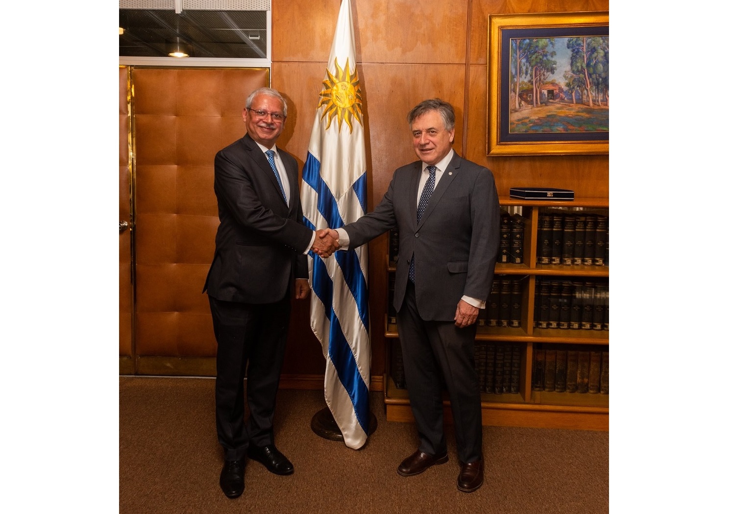 Secretary Jaideep Mazumder at Ministry of External Affairs in India, along with Ambassador Dinesh Bhatia, called on Omar Paganini, Minister of Foreign Affairs in Uruguay on 16 September 2024.